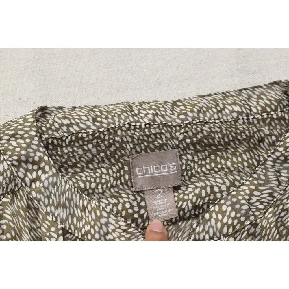 Chico's Size 2 Large Olive Green White Abstract Print Button V-Neck 3/4 Sleeve P